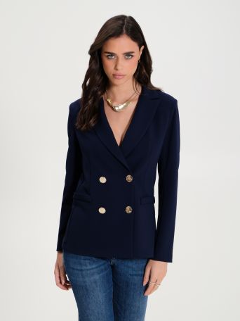 Long Double-Breasted Jacket in Scuba Crepe