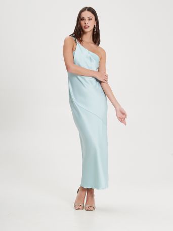 One-Shoulder Dress with Aqua Green Torchon 