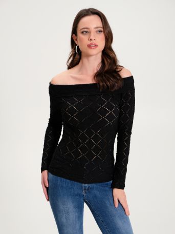 Off-the-shoulder Openwork Sweater in Black