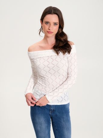 Off-the-shoulder Openwork Sweater in White