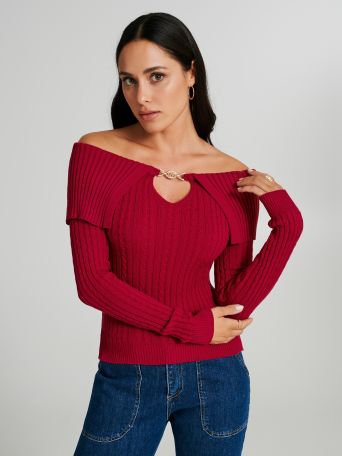 Cable-knit top with keyhole and off-the-shoulder neckline