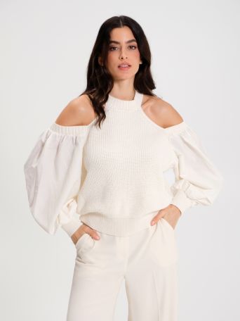 Cream Sweater with Balloon Sleeves 