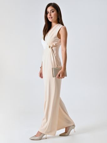 Palazzo-Overall mit Oberteil aus Satin in hellem Beige