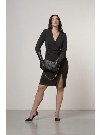 Curvy Black Sheath Dress with Draped Waist and Button Detail