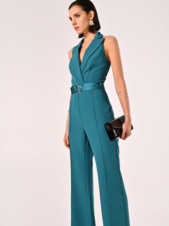 Royal Green Jumpsuit with Lapels in Technical Fabric