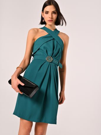 Royal Green Sheath Dress with Halterneck