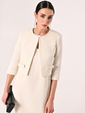Jacke in hellem Beige aus Tweed mit Mikropailletten