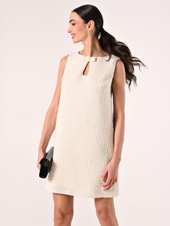 Kleid in hellem Beige aus Tweed mit Mikropailletten