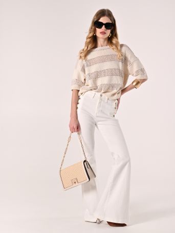 Flared Trousers in White Denim with Buttons