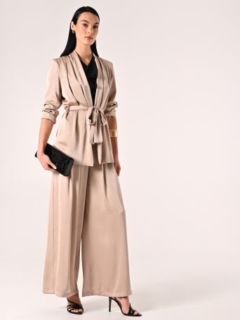 Pantaloni Ampi in Envers Satin Beige Scuro