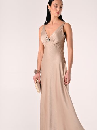 Vestido largo en envers satén beige oscuro