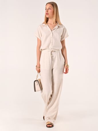 Pantaloni Beige Ampi in Lino Cotone