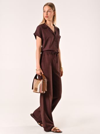 Pantaloni Marrone Cioccolato Ampi in Lino Cotone