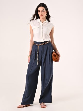 Pantaloni Ampi in Misto Modal Blu