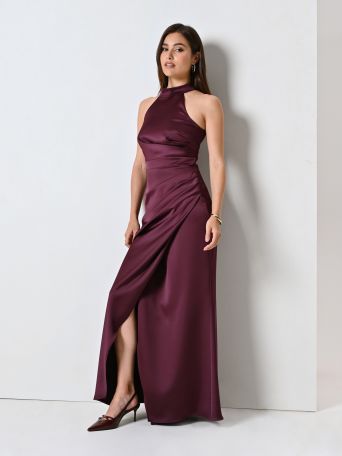 Abito Lungo Bordeaux con Scollo all'Americana