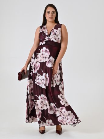 Vestido largo curvy burdeos con estampado floral