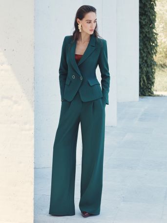 Pleated Palazzo Trousers in Green Technical Fabric
