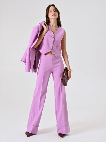 Pantaloni Rosa Orchidea Ampi con Maxi Risvolto in Tessuto Tecnico