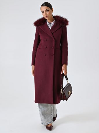 Maxi Cappotto Bordeaux con Collo in Pelliccia