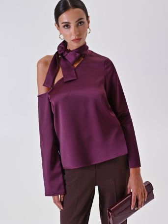 Asymmetrical Burgundy Blouse with Bow