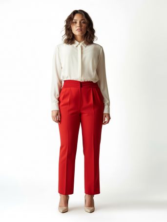 Red High-Waist Curvy Trousers with Crease