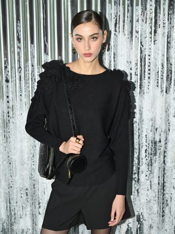 Black Sweater with Embossed Flowers