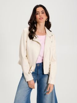 Smooth Faux Leather Jacket in Cream   Rinascimento