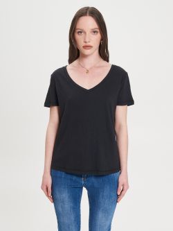 Black V-neck T-shirt in Linen Blend  Rinascimento