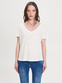 T-shirt col en V blanc en lin mélangé  Rinascimento
