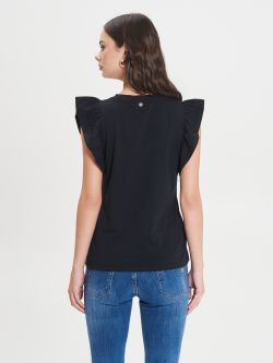 Black Cotton T-shirt with Ruffles  Rinascimento