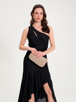Black One-Shoulder Jersey Dress with Ruffles   Rinascimento
