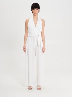 White Palazzo Jumpsuit with Knot det_1