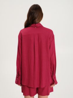 Burgundy Embroidered Linen Oversized Shirt  in_i4