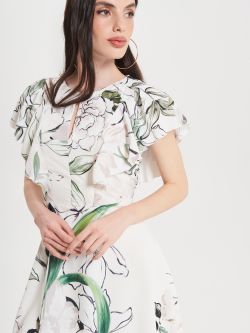 White Short Floral Dress with Cap Sleeves   Rinascimento