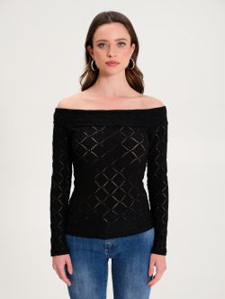 Off-the-shoulder Openwork Sweater in Black  Rinascimento