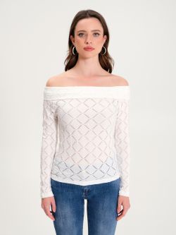 Off-the-shoulder Openwork Sweater in White  Rinascimento
