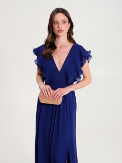 Pleated Long Ruched Dress in Blue  Rinascimento