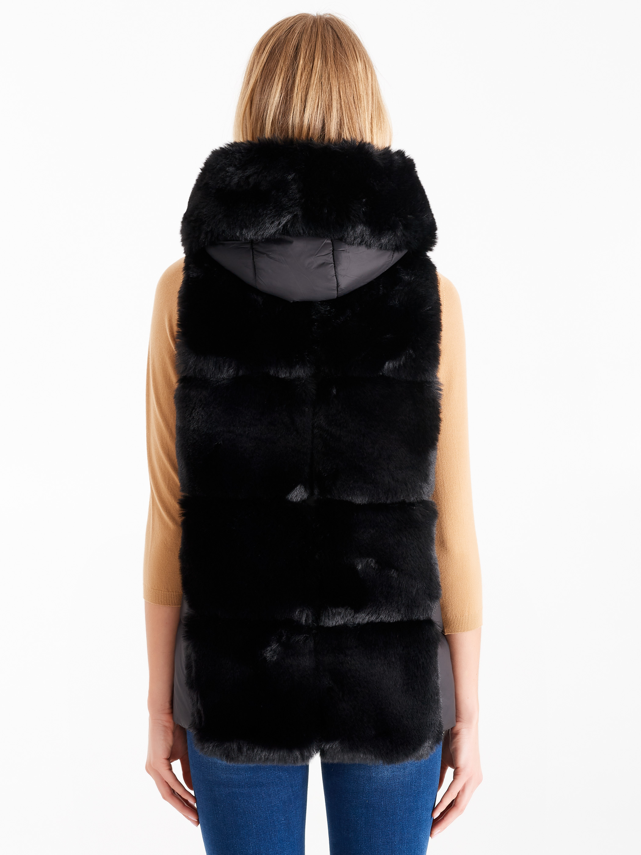 black fur hooded gilet
