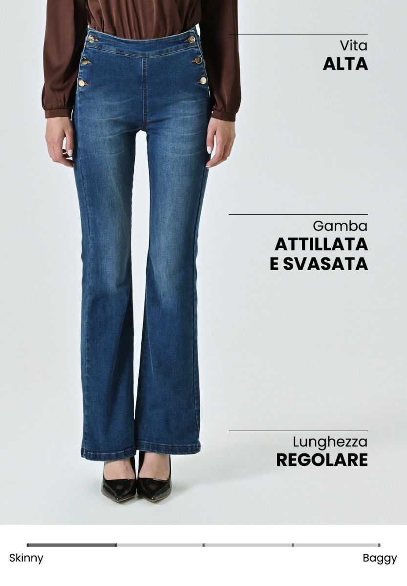 Jeans Flared Vita Alta con Bottoni Piatti
