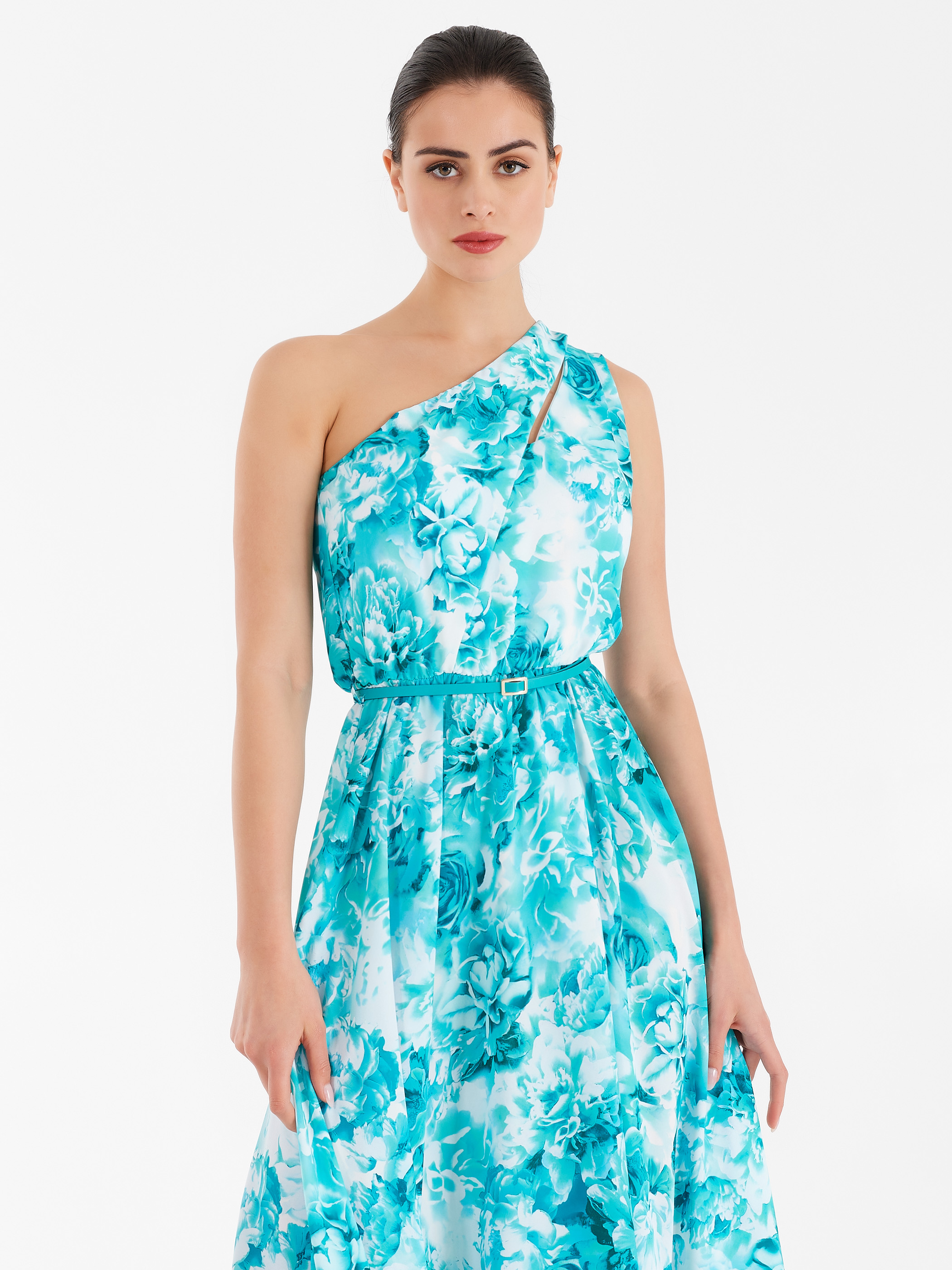 Langes Kleid Mit Nur Einer Schulter Var Blaugrun Damen Rinascimento